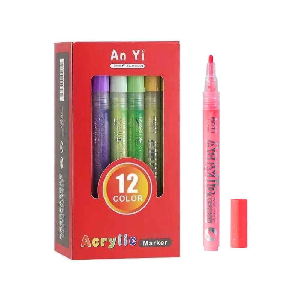 – JZS Paint Pens Acrylic Markers Set For Rock Painting, Glass, Wood, Ceramic, Fabric, Paper, stones, Mugs, Calligraphy Drawing Colouring Artist Pen, Marker for Arts and Crafts,12 Color,Boxed