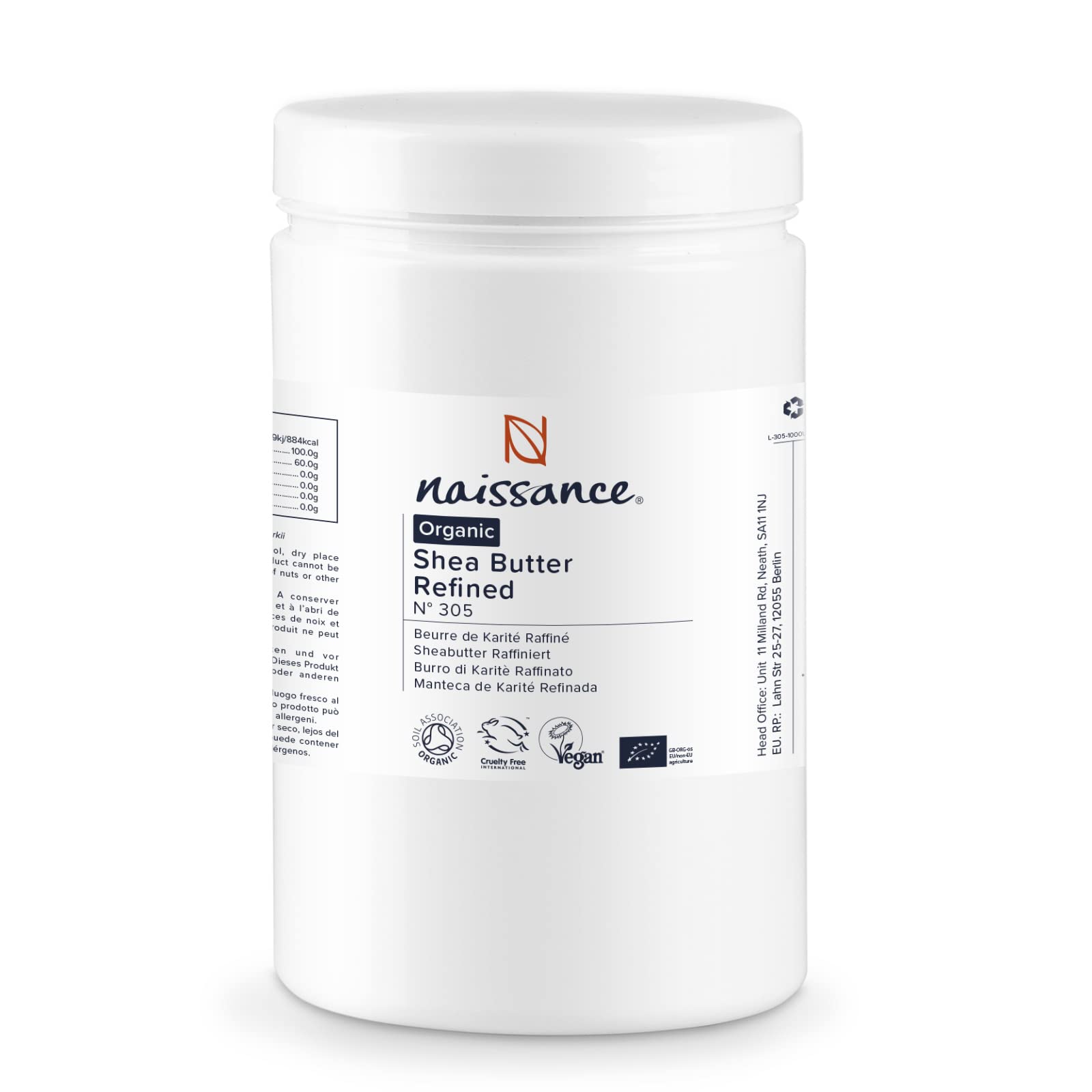 Naissance Organic Shea Butter Refined (No. 305) - 1kg - Pure, Natural - for Beauty Recipes, Body, Face, Hair Moisturiser and Cosmetics