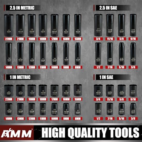 AMM 3/8" Drive Impact Socket Set, 48-Piece Standard SAE (5/16 to 3/4 inch) and Metric (8-22mm) Size, 3" and 6" Drive Extension Bar, Impact Universal Joint, 3/8" to 1/2" Impact Adaptor, CR-V by AMM - Image 2