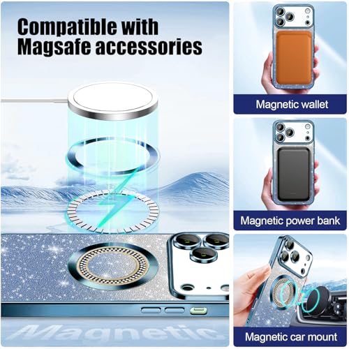 Image of Misscase for iPhone 17 Pro Magnetic Glitter Case Compatible with MagSafe,Full Protection Slim Shockproof Anti-Scratch Case with Camera Lens Protector Plating Bling Dust-Proof Net Blue