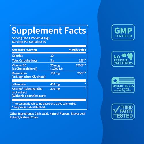 Image of Nello Supercalm Powdered Drink Mix, Cortisol Reducer* and Sleep Aid Supplement, L Theanine, Ksm-66 Ashwagandha, Magnesium Glycinate, Vitamin D 3, No Sugar, Non GMO, On The Go, 20 Ct, Yuzu Guava