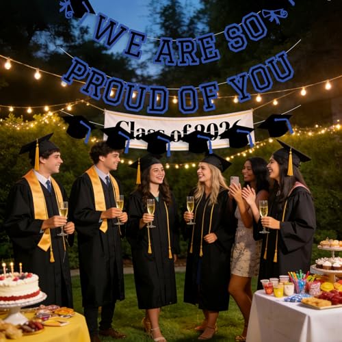 Image of We Are So Proud Of You Banner Graduation Party Decorations Congrats Grad Cap Garlands Wall Sign Blue Black