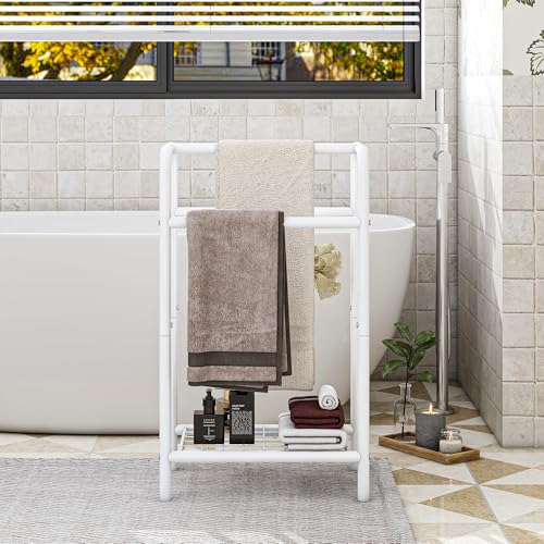 HAHRIR Toallero de metal de 3 niveles, pequeño toallero de pie para baño, ahorro de espacio, dormitorio, baño, piscina (blanco, 43 x 27 x 76 cm)