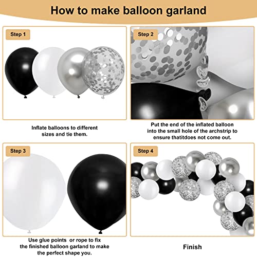 Black White Balloon Garland Kit Kelfara 120 Pack Different Sizes 12/10/5 inch Matte Black White and Metallic Silver Confetti Latex Balloons for Wedding Birthday Party Accessory Arch Decoration