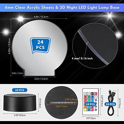 24 Sets 3D Night Led Light Base And Clear Blank Acrylic Sheet With Remote Controls And Usb Cable, Adjustable 16 Colors Diy Acrylic Lamp Base Set For Room Restaurant Bar Shop Cafe Office (Round) #TOP1
