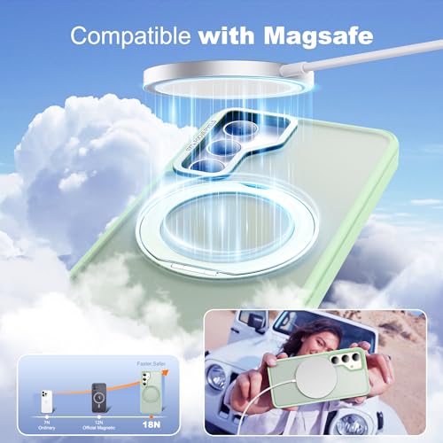 Image of Compatible with Samsung Galaxy S24 Plus Case with 360Rotatable Magnetic Ring Stand Compatible with Mag-Safe Military Protection Matte Translucent Phone Case for Galaxy S24+,Green