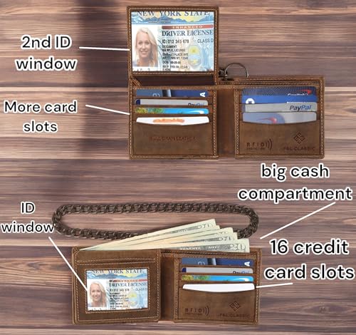 F&L CLASSIC RFID Blocking Mens bi-fold Style Cowhide Leather Steel Chain Wallet, brown flag,texas 2003