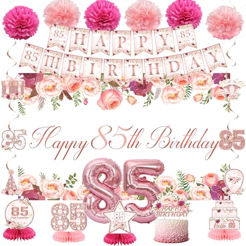 Vlipoeasn Floral 85th Birthday Decorations for Women Rose Gold 85th Birthday Backdrop Banner Cake Topper Honeycomb Hanging Swirl for Party Cheers to 85 Years Old Birthday Party Supplies