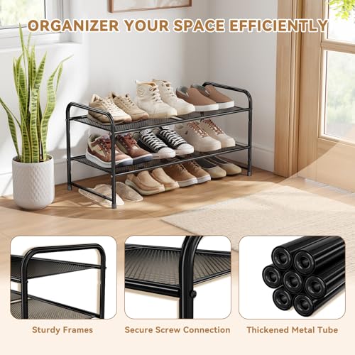 Image of Shoe Rack, 2 Tier 27 inch Wide Metal Mesh Shoe Organizer for Closet Holds up to 6-9 Pairs, Stackable, Black