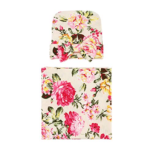 Image of DRESHOW BQUBO Receiving Blanket with Hat 1 Pack Newborn Baby Floral Printed Baby Shower Swaddle Gift