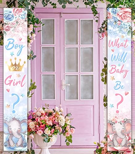 Elephant Gender Reveal Door Banner-Boy or Girl Floral Porch Sign Elephant Theme Pink and Blue Baby Shower Party Supplies