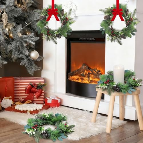 Image of 6 PCS Christmas Candle Rings Wreaths Small Christmas Norfolk Pine Wreaths with Berries Pinecone Mini Snowy Pine Wreath Cedar Candle Ring Holder for Table Centerpiece Cabinets Fireplace Windows Door