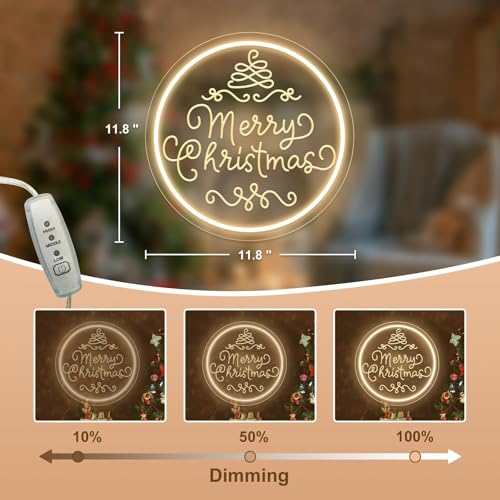 Image of Merry Christmas Neon Sign Dimmable Merry Christmas LED Light Sign for Holiday Party Home Bar Decoration, USB Powerd Neon Light for Wall Decor Festival Celebration -30 * 30