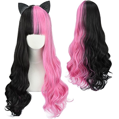 SEIKEA Synthetic Long Hair for Women Cosplay Wavy Wig with Bang Black Pink Ombre 24'' Girl Party Costume