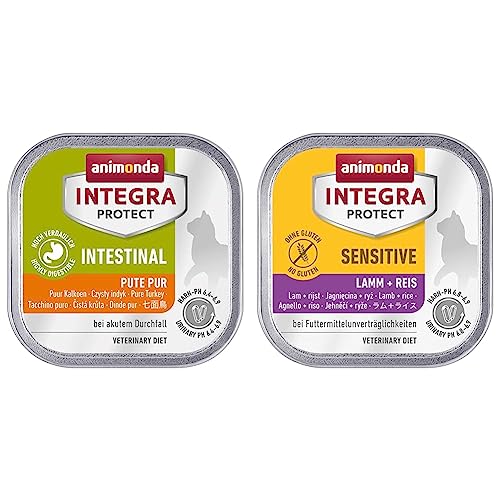 animonda Integra Protect Intestinal Katze, Diät Katzenfutter & animonda Integra Protect Katze Sensitive, Diät Katzenfutter, Nassfutter bei Futtermittelallergie, mit Lamm + Reis, 16 x 100 g