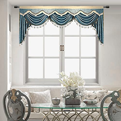 Pureaqu Luxury Chenille Waterfall Valance Curtain With Tassel For Kitchen Living Room European Style Rod Pocket Swag Valance For Bedroom 1 Panel Blue 78 Inch Width #TOP18