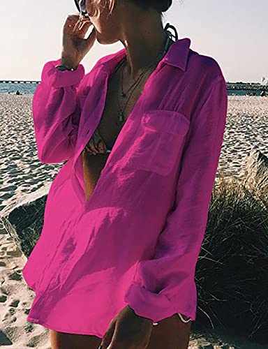 Image of Bsubseach Women Long Sleeve Beach Shirt Blouses Bathing Suit Cover Up Button Down Collar