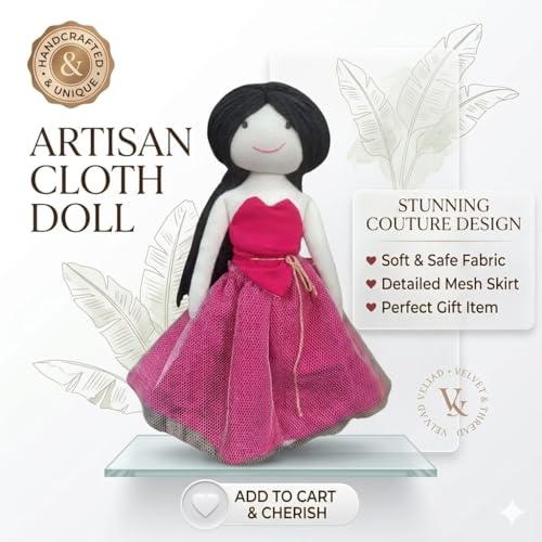Image of Handcrafted Indian Rag Doll Set, Pink Soft Cotton Fabric Cloth Dolls with Yarn Hair, Traditional South Indian Dolls for Kids, Decor & Gifting