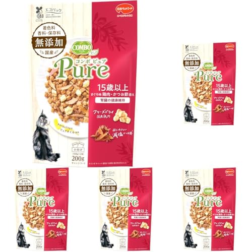 コンボ キャットフード ピュア キャット 15歳以上用 【無添加素材使用】 【国産】 【小分包装】 まぐろ味・鶏肉・かつお節添え 200g (× 5)