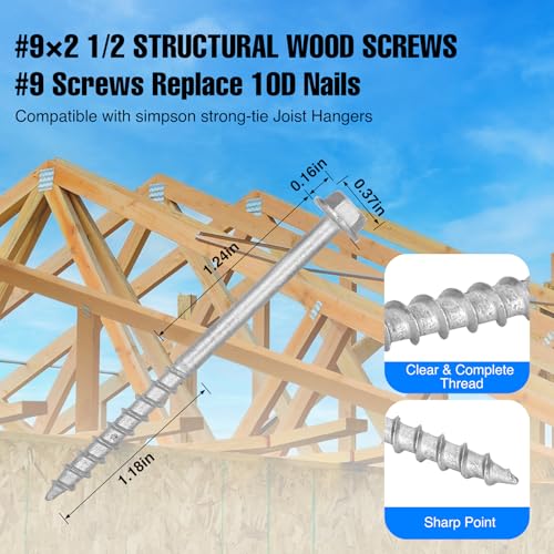Image of Mech.Galv.#9 x 2-1 /2 inch Joist Hanger Screws-200 Qty,9212R200 Hurricane Screws | 1 /4 inch Hex Socket Wood Screw,0.370 inch-Dia Deck Screw, Joist Hanger Connector Screws Replace 10D Nails-1500 Hours Salt Spray Test
