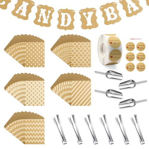 561 Stück Candy Bar Zubehör Set Enthält 50 Stück Candy Bar Tüten 500 Sticker 6 Zuckerzange 4 Schaufeln und 1 Deko Girlande Deko Set für Hochzeit Geburtstage Party