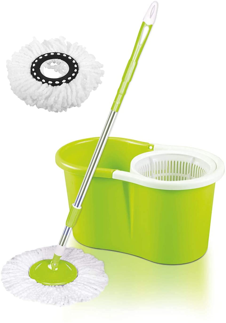 Cleano Easy Spin Mop and Bucket Set, 360 Degree Spinning Mop Bucket, Extended Easy Press Stainless Steel Handle for Home Kitchen Floor Cleaning, With 1 Free Mop Head, Color Green, CI-2270-G