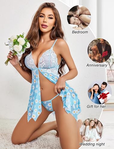 Image of Floral Babydoll Lingerie Set, Blue Daisy Print with White Lace Trim, Asymmetric Hem