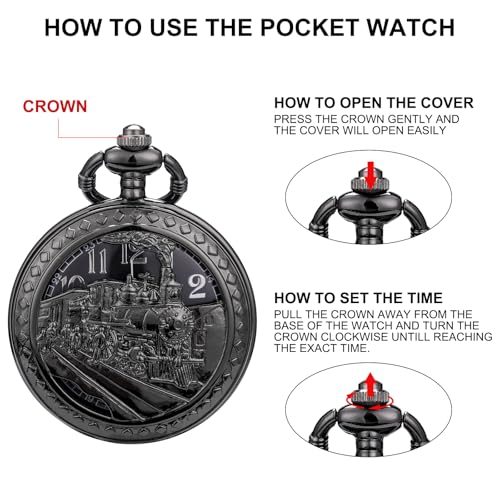 Image of SIBOSUN Antique Men Pocket Watch with Chain Oversized 50MM 1.96 Inch 3D Locomotive Steam Train Railroad Hollow + Box
