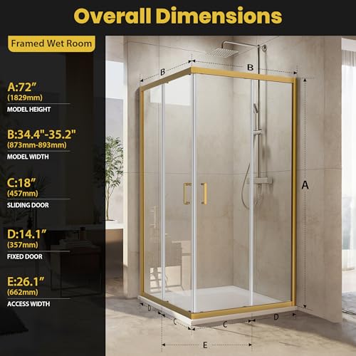 Bathroom Shower Enclosure, 36 in.L x 36 in. W x 72 in. H, Double Sliding Shower Doors, 1/4\" (6mm) Thick Clear Tempered Glass Door, Brushed Gold Frame&Corner - Thumbnail 2