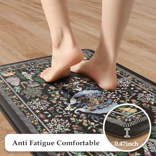 Image of KIMODE Anti Fatigue Polyvinyl Chloride Rectangular Kitchen Rugs /Mats for Floor 2 Piece,Black Vibrant Floral 17 inchx47 inch+17 inchx29 inch,Non Slip Waterproof,Standing Mat for Laundry Office Sink Desk