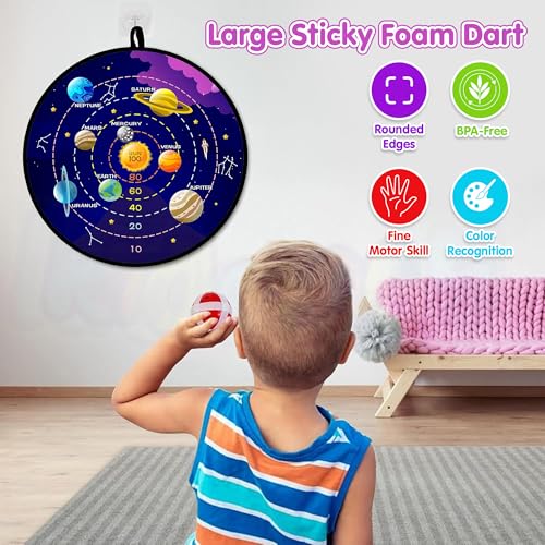 Image of Kidology 29 Inch Space Dart Board Game for Kids - Large Safe Sticky Ball Dart Board with 12 Sticky Balls, Indoor Outdoor Educational Dartboard Toy for Boys & Girls, Fun Party Game & Learning Gift