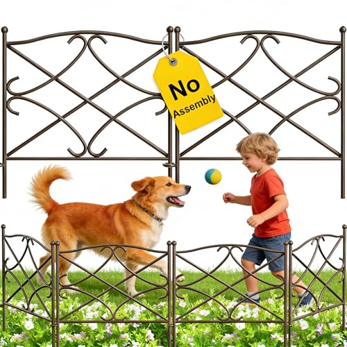 AMAGABELI GARDEN & HOME 5 Panels Decorative Garden Fence 10ft(L) x24in(H) Animal Barrier Dogs Rustproof Metal Landscape Wire Fencing Folding Wire Patio Fences Flower Bed Border Edge Brown