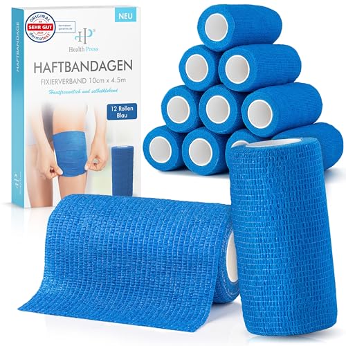 Health Press Selbstklebender Verband – 12 Bandagen Rollen (10cm x 4,5m) – Pflaster Rolle Verbandsmaterial – Elastische Bandage – Haftbandage selbstklebend (Blau, 12 Rollen)