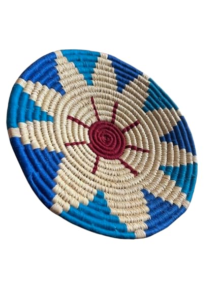 Divine Dwellings Sabai Handwoven Grass Wall Baskets Decor With Attached Hoop | Eco-Friendly Handcrafted Unique Basket Wall Art For Living Room - Large-12 Inch (Blue- White)