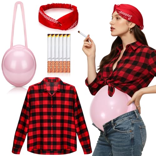 Bunnycool 9 Pcs White Trash Party Attire Women White Trash Party Decorations Include 6 Fake Puff Cigarettes, Stomach, Red Bandana and Checkered Shirt for Women Men Adult