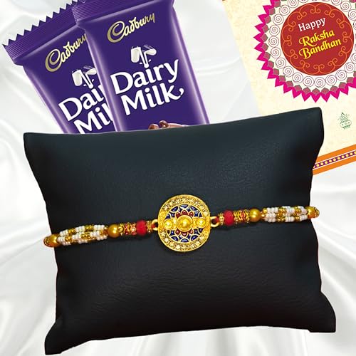 Image of Canton Rakhii Gift for Brother with Chocolate - Designer Rakhi for Brother with Cadbury Gift Hamper Pack, Roli Kumkum & Greeting Card (Design-1, 1 Rakhi + Cadbury)