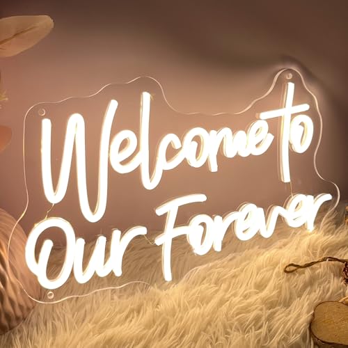 Image of Welcome To Our Forever Neon Sign for Wall Decor Wedding Light Up Neon Sign Indoor Bedroom Home Decor LED Neon Signs Large Backdrop Flex Christmas Living Room Girls Boys Gift,USB Warm White 40x23.8 CM