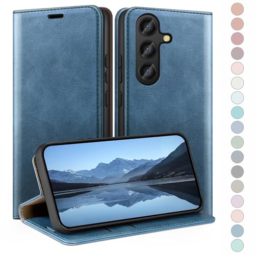 Coque Samsung S24 FE HUOUH étui portefeuille en cuir premium bleu vif
