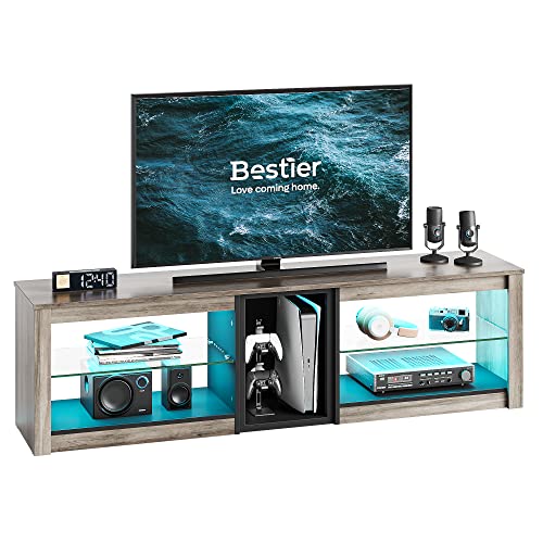 Bestier Mueble para TV de 65 pulgadas y más pequeños, 160 x 35 x 52 cm, mueble de TV con luces LED RGB, mesa de televisión con gestión de cables integrada, bandeja de cristal ajustable