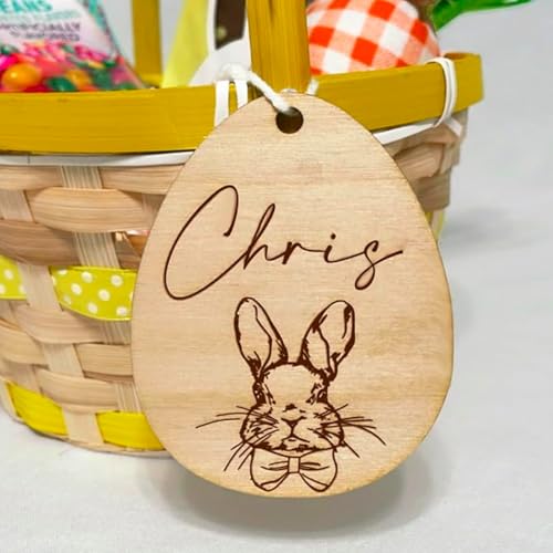 Personalized Easter Basket Tag, Wooden Egg Shape with Bunny Desig...