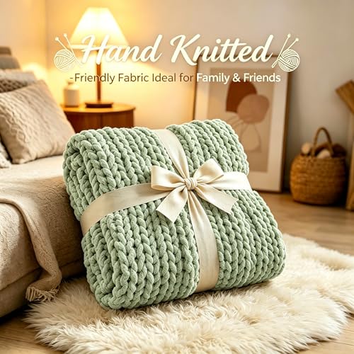 Admitrack Grobstrickdecke, 100% Handgestrickte Chenille-Wohndecke für Sofa und Wohn-Deko, weiche und gemütliche Strickdecke, Salbeigrün… – Ansicht 4