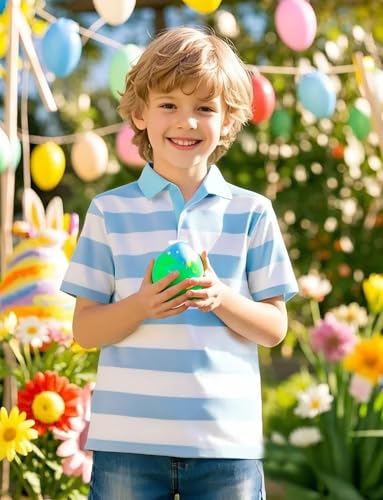 Image of COSLAND Blue and White Boys Striped Polo Shirt, Sky Blue & White,XS