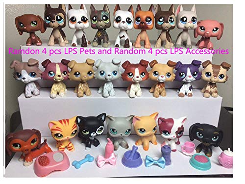 LPSTREE Random 4 Lot LPS Cat and Dog LPS Dachshund LPS Collie LPS Great dane Dog Puppy LPS Shorthair Cat Kitty with Random 4 Pcs Accessories Bows Food Action Figure Kids Boys Girls Xmas Gift