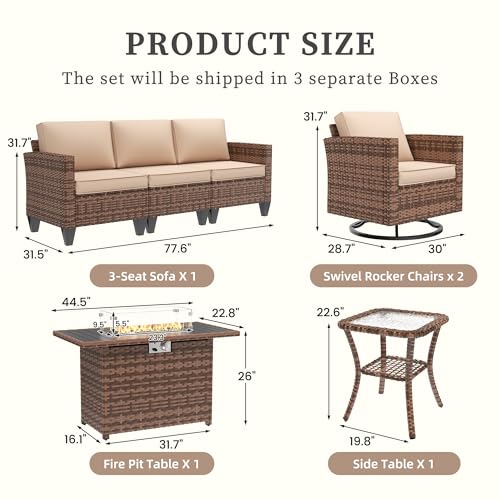 Image of UDPATIO Patio Furniture Set with Fire Pit Table and Swivel Rocking Chairs, 5 Pieces Outdoor Wicker Furniture Set with Waterproof Cover, 4'' Thickened Cushion, Khaki