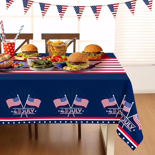 Image of Childom 2 Pack Patriotic Tablecloth,Patriotic Decorations 54 inch x 108 inch Disposable American Flag Tablecloth,Plastic Table Cover for Veterans Day Decorations,Fourth of July,Camping,Picnic,Party Supplies