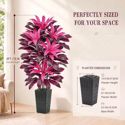 Image of Artificial Dracaena Plant Fake Tree with Planter Faux Yucca Tall Fake Floor Plant, Artificial Trees for Home Bedroom Office Indoor Living Room Decoration (Purple-Black Pot, 6FT)