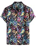 PARKLEES Men's Linen 70s Hippie Style Floral Print Shirt Short Sleeve Button Down Hawaiian Shirts Multicolor Large