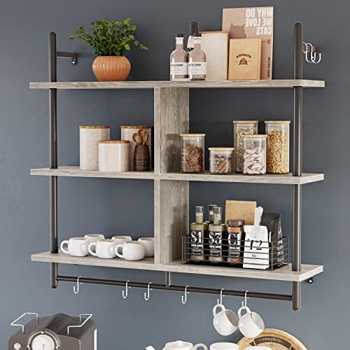 Bestier 41.5" Floating Pipe Shelving, 3 Tier Industrial Wall-Mounted Ladder Shelf Hanging with Circular Tube, Wood Display Bookshelf Storage for Living Room Kitchen Balcony, Retro Grey