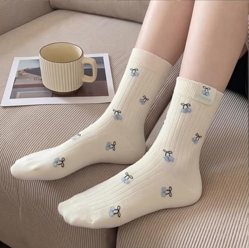 Image of Women's Cute Crew Socks, Casual Athletic Cotton Bowknot Cherry Calf Novelty Socks for Women