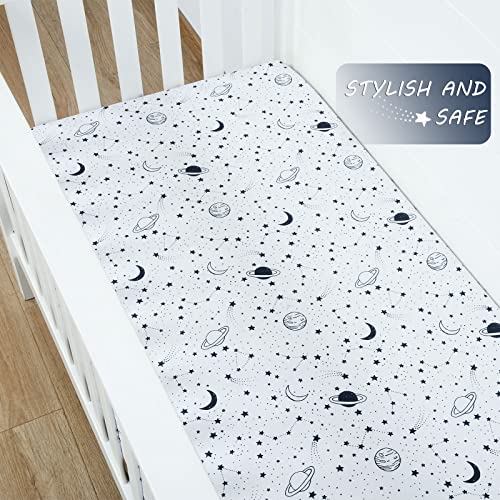 Image of JISEN Baby Crib Sheet 1 Piece Portable Fitted Crib Sheet for Standard Crib and Toddler Mattresses Nursery Bed Decor for Boys Girls 28x52 Inch Stars Planets